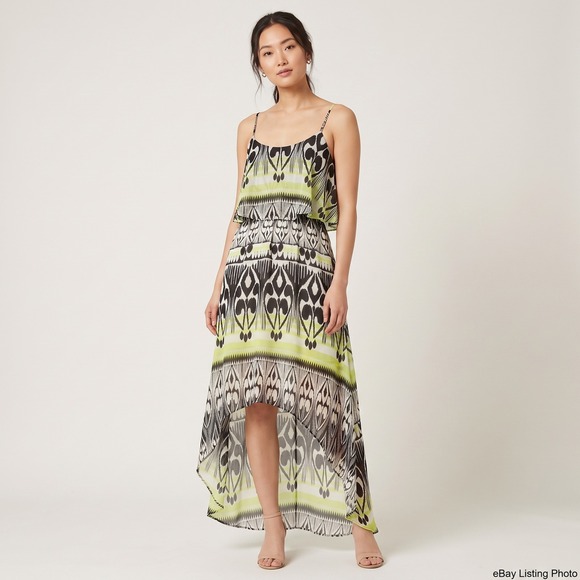 Bisou Bisou Dresses & Skirts - Bisou Bisou Dress Women's 14 Green Ikat High Low Tiered Ruffle 13KD582B